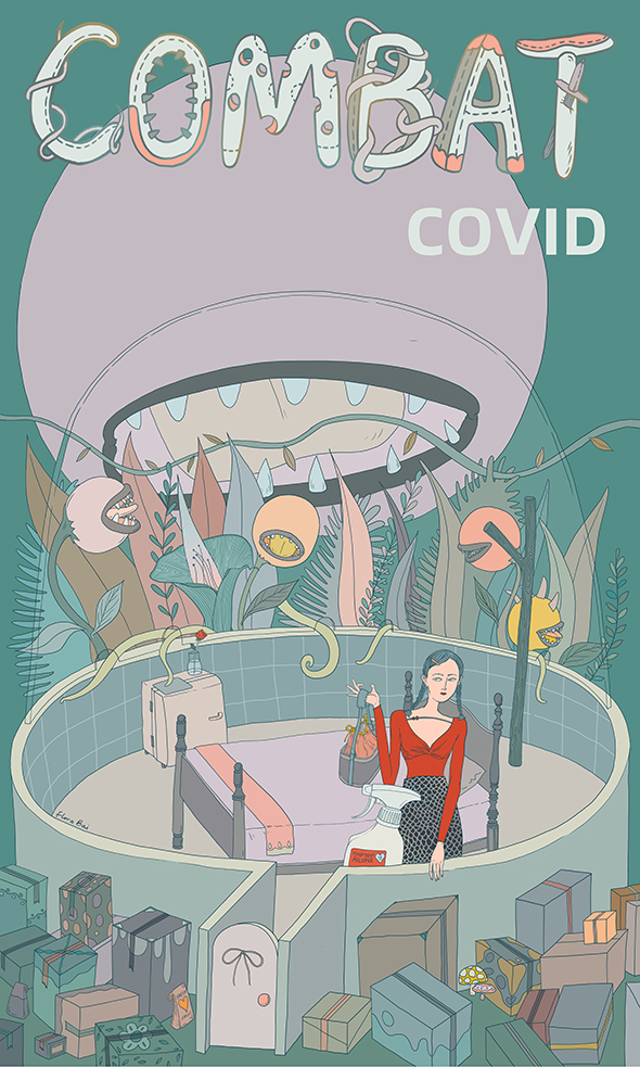 Woman in office surrounded by germs